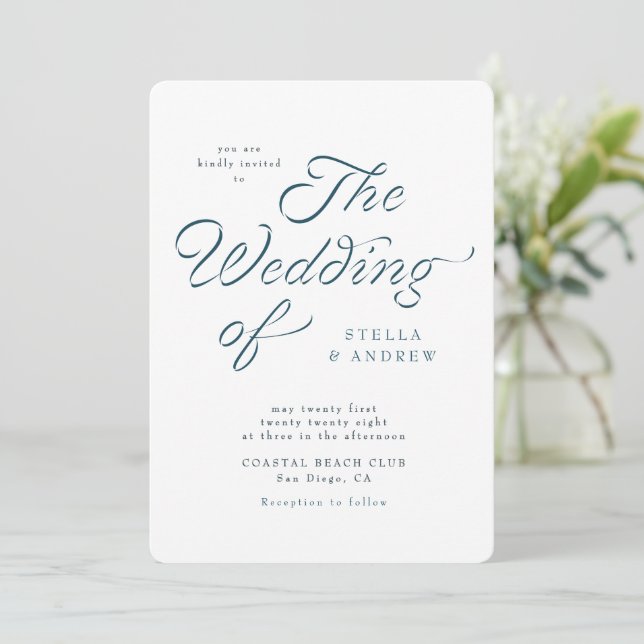 Convites Trendy Ribbon Elegant Script Wedding Invitation (Em pé/Frente)
