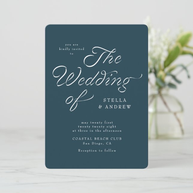 Convites Trendy Ribbon Elegant Script Wedding Invitation (Em pé/Frente)