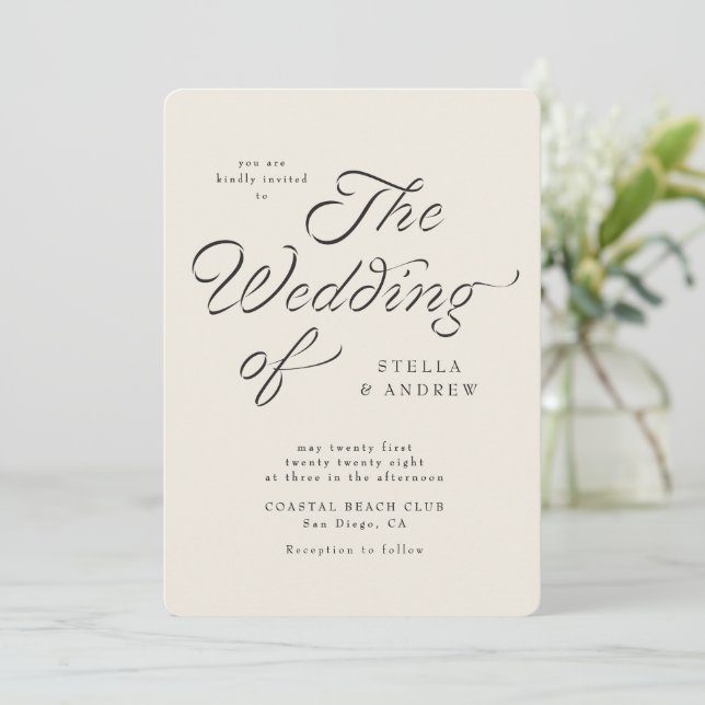 Convites Trendy Ribbon Elegant Script Wedding Invitation (Em pé/Frente)