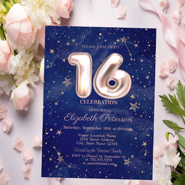 Convites Trendy Rosa Dourado Stars Marinho Blue Sweet 16 (Criador carregado)