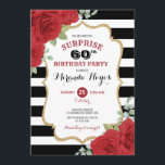 Convites Trendy Rosa vermelha 60th Surprise Birthday<br><div class="desc">Este design apresenta rosas vermelhas de aquarela vibrantes sobre fundo listrado preto e branco</div>