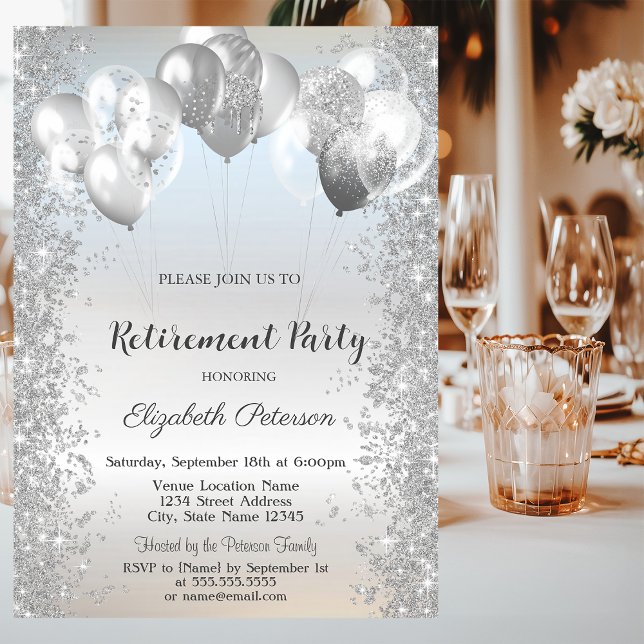 Convites Trendy Silver Glitter Confetti Balões Retirada (Criador carregado)