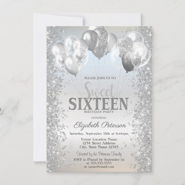 Convites Trendy Silver Glitter Confetti Balões Sweet 16 (Frente)