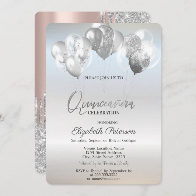 Convites Trendy Silver Glitter Drives Balões (Frente/Verso)