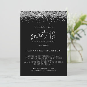 Convites Trendy Silver Glitter Sweet 16 Birthday Black 