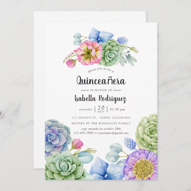 Convites Trendy Succulent Floral Quinceañera (Frente/Verso)