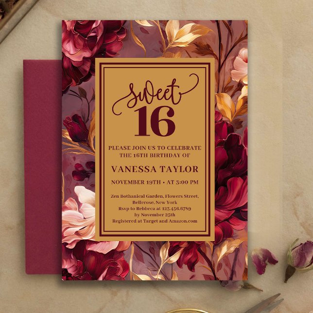 Convites Trendy Sweet 16 Burgundy Roses Gold Invitation (Trendy Sweet 16 Burgundy Roses Gold Invitation)