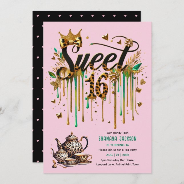 Convites Trendy Sweet 16 Leopard Print Tea Party (Frente/Verso)