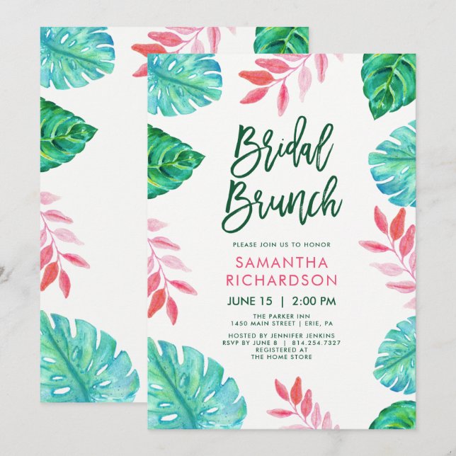 Convites Trendy Tropical Watercolor Bridal Brunch (Frente/Verso)