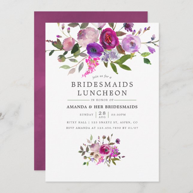 Convites Trendy Watercolor Floral Bridesmaids Luncheon (Frente/Verso)