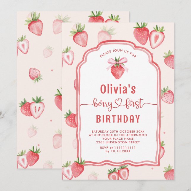 Convites Trendy Watercolor Strawberry Baby Primeiro Anivers (Frente/Verso)