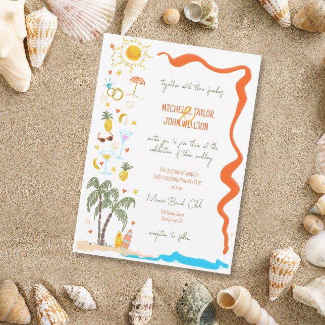 Convites Trendy Whimsical Doodle Hand Drawn Beach Weding (beach doodle wedding hand drawn invitation)