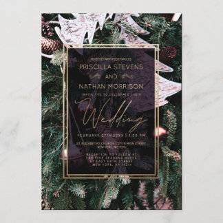 Convites Trendy Winter Christmas Tree Dourado Border Casame