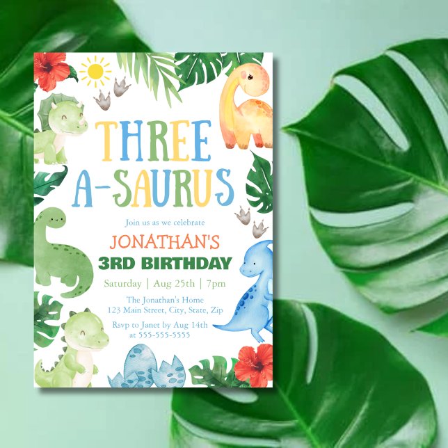 Convites Três A-Saurus Dino 3º Aniversário (Criador carregado)