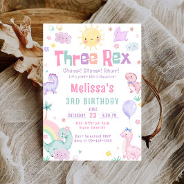 Convites Três aniversário de 3 anos Rex Pastel Dinosaur