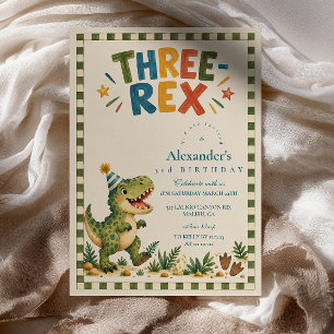 Convites Três Aniversário Dinossauro Rex Xadrez Verde