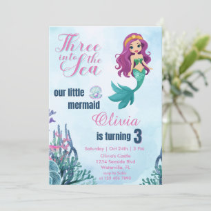 Convites Três ao Mar de Mermaid Girls aniversário de 3 anos