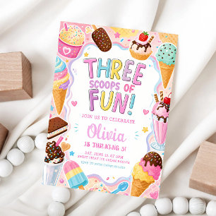 Convites Três Bolas de Sorvete Pastel de Aniversário de 3 A