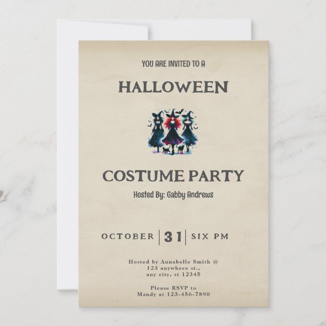 Convites Três Bruxas Negras Morcegos Vintage Halloween (Frente)