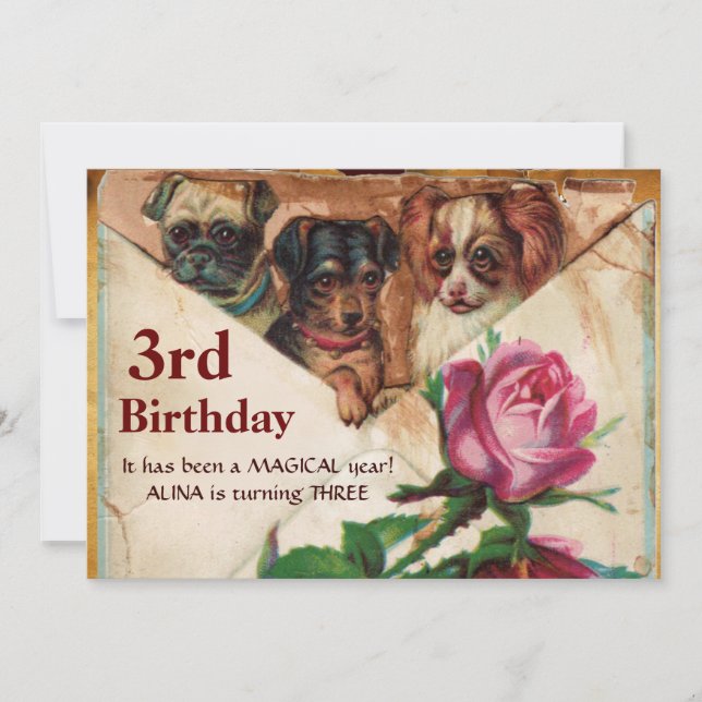 Convites TRÊS CÃES COM ROSA, aniversário de 3 anos (Frente)