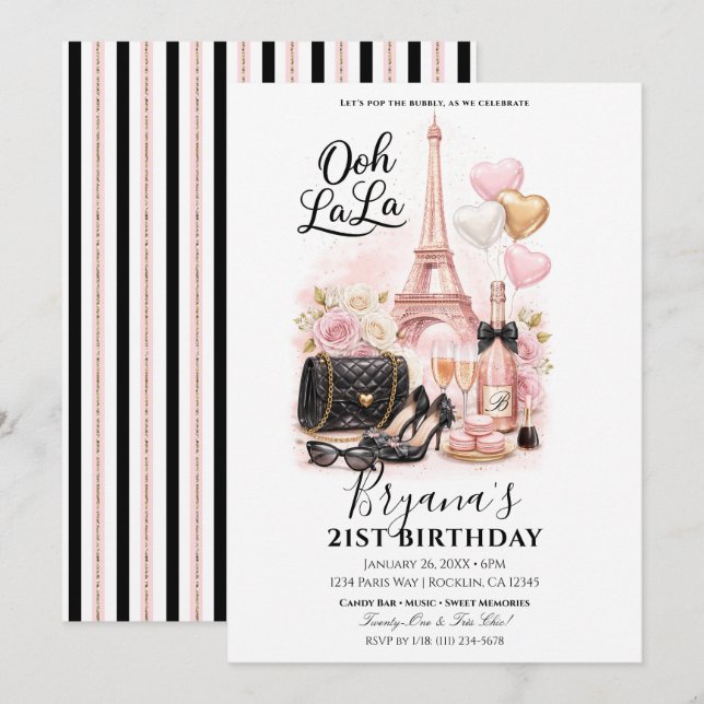 Convites Très Chic na Cidade Rosa Paris 21º Aniversário  (Frente/Verso)