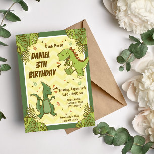Convites Três Crianças Rex Dinossauro Festa de Aniversário