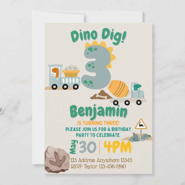 Convites Três Dino Dig Construção de Dinossauro 3º Aniversá (Frente)