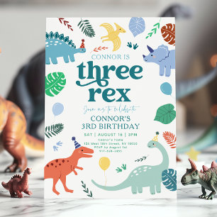 Convites Três Dinossauros Rex Blue Boy deixam aniversário d