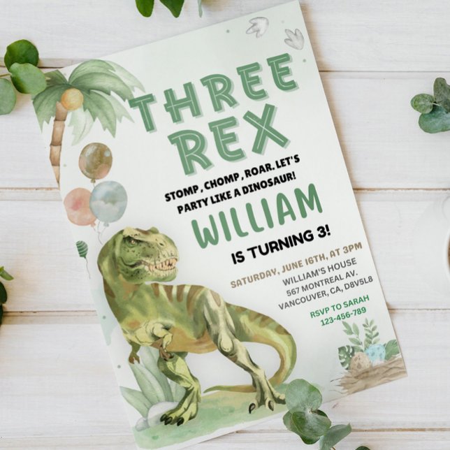Convites Três dinossauros Rex Dino aniversário de 3 anos Pa (Criador carregado)