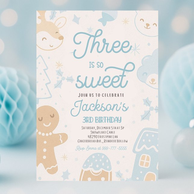 Convites Três É Tão Doce Festa de aniversário De Biscoito D (Three Is So Sweet” Christmas Cookie Birthday Party invitation for boys, featuring gingerbread men, c)