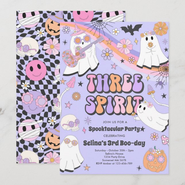 Convites Três Espíritos Halloween Groovy Ghost aniversário  (Frente/Verso)