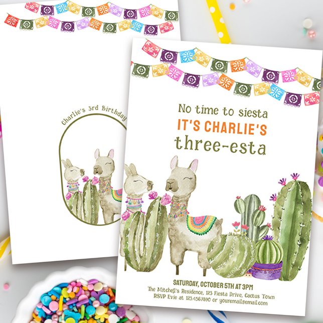 Convites Três-esta aniversário de 3 anos Fiesta Sem tempo p (No time to siesta, it's a three-esta! Watercolor fiesta theme 3rd birthday invitation with cactus)