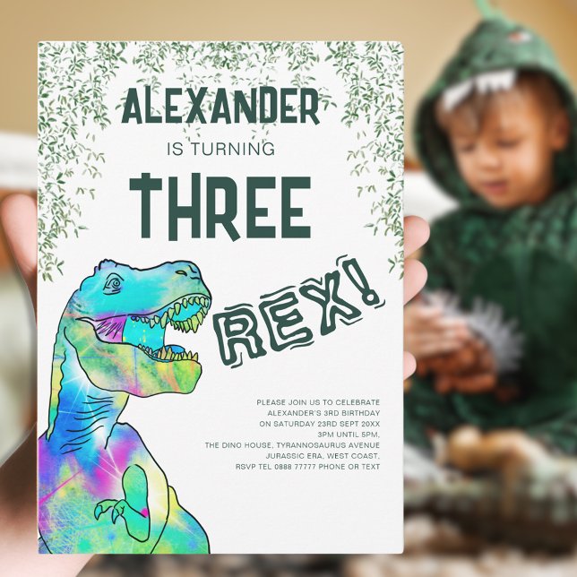 Convites Três Festas de aniversário Rex Dinossaur (Three rex dinosaur 3rd birthday party with modern colorful T-Rex and Jurassic jungle foliage)