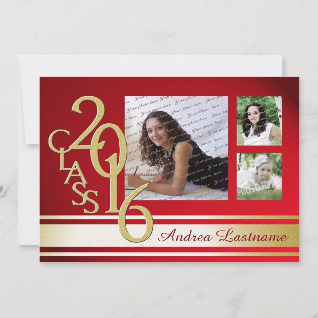 Convites Três Foto do Formando Red Dourado Varsity Stripe 2 (Frente)