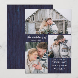 Convites Três fotos na aparência de madeira azul russa| Cas