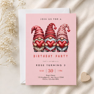 Convites Três Gnomos Rosa Aniversário de 3 anos
