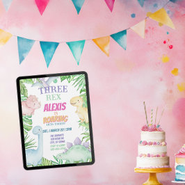 Convites Três Rex, Dinossauro Pastel Aniversário de 3 anos