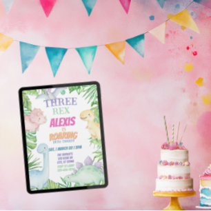 Convites Três Rex, Dinossauro Pastel Aniversário de 3 anos