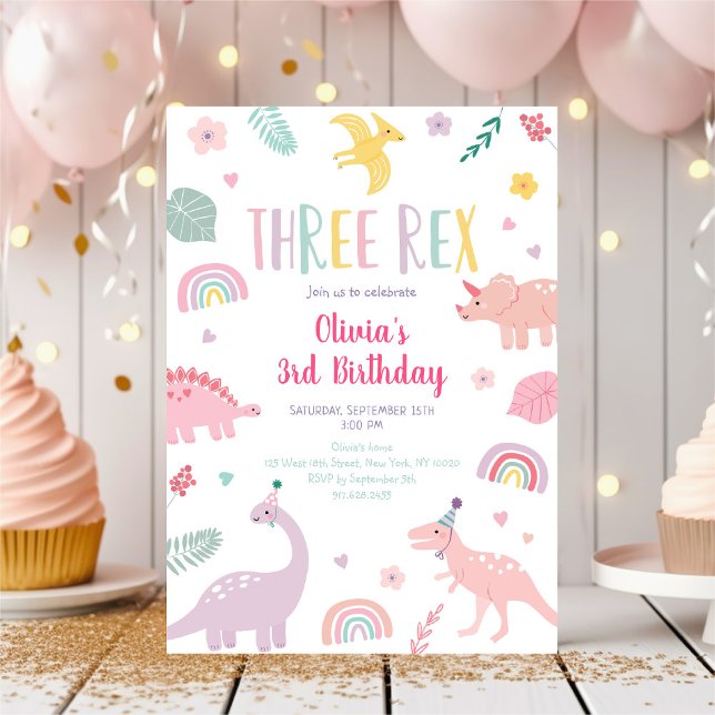 Convites Três Rex Pink Boho Dinosaur Aniversário (Criador carregado)
