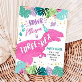 Convites Três Rex Pink Dinossaur Girl Terceiro Aniversário