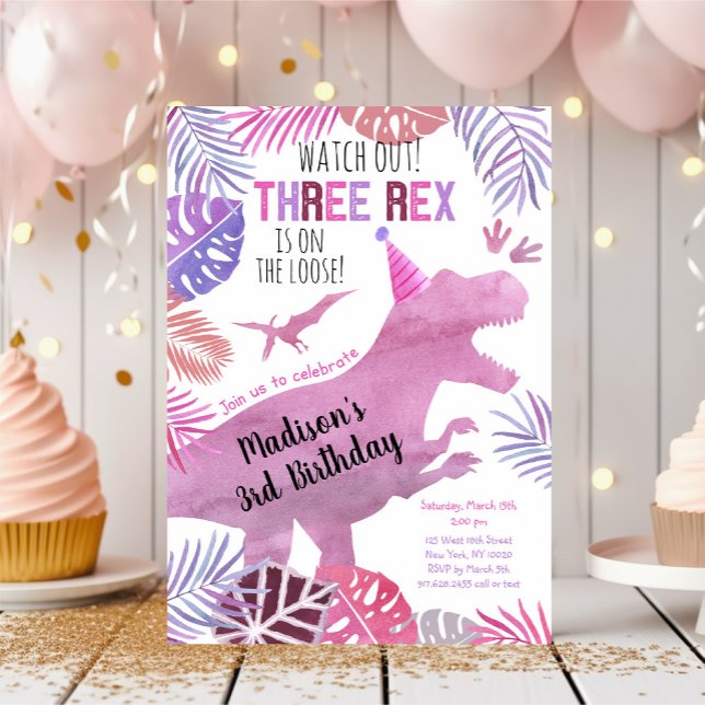 Convites Três Rex Púrpura Dinossauro Rosa, Aniversário (Criador carregado)