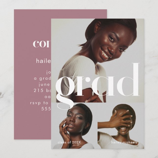 Convites Três Rosa de Colagem de Fotos Dusty (Frente/Verso)