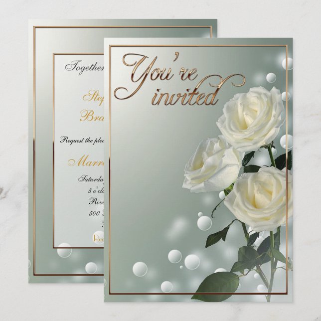 Convites Três Rosas Brancas/Trim Dourado (Frente/Verso)