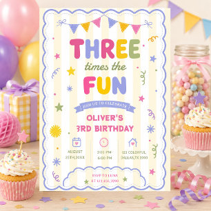 Convites Três Vezes o Fun Aniversário Colorido Menino 3 Ano