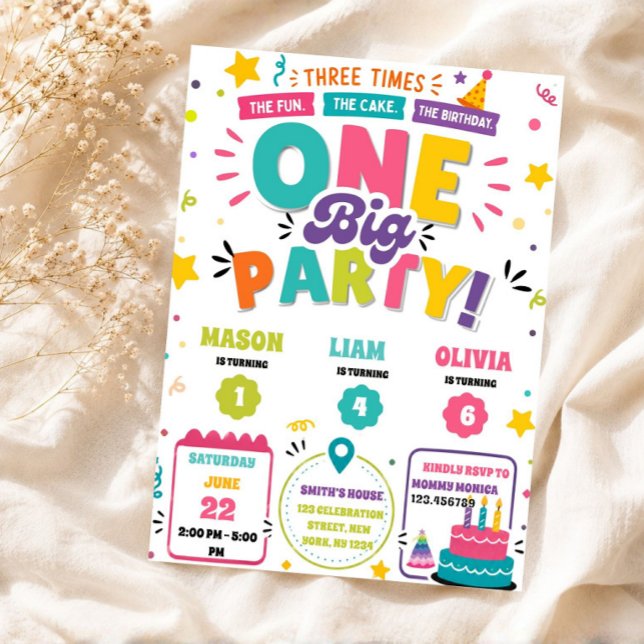 Convites Três Vezes o Fun Aniversário Conjunto Triplo (Triple Birthdays Invite)