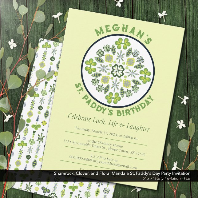Convites Trevo de Três Folhas Mandala Festa de Aniversário  (Shamrock, Clover, and Floral Lucky Mandala: St. Paddy's Birthday Party Invitation)