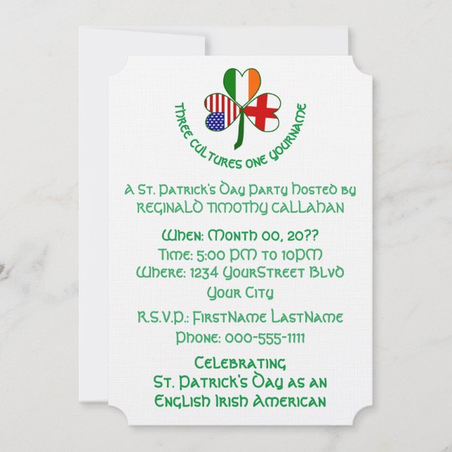 Convites Trevo Inglaterra Irlanda EUA Personalizar Texto (Frente)