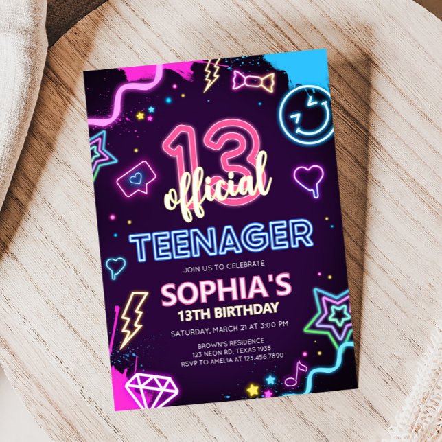 Convites Treze Festa de aniversário Neon Teenager (Neon Official Thirteen Birthday Party Invitation)