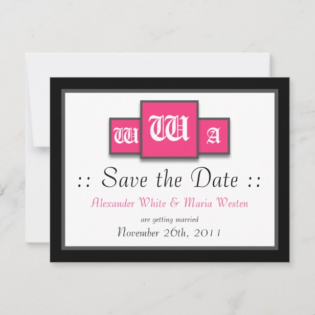 Convites Tri-Monograma Fuchsia Save the Dates Casamento Mod (Frente)