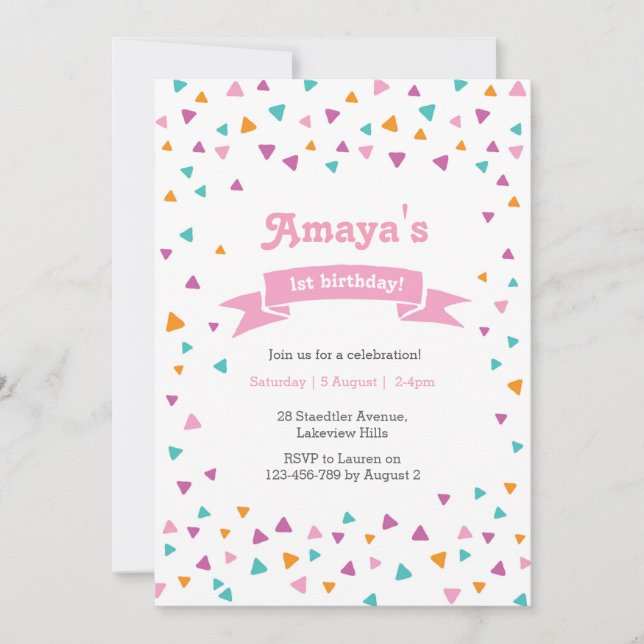 Convites Triângulo confetti Girl's Birthday Invitation (Frente)